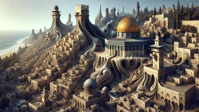 The primary subject of the image is a cityscape with a large, ornate building, possibly a mosque, surrounded by a series of towers and domes. The setting is a city with a mix of architectural styles, including a castle-like structure. The visual style is a combination of digital art and illustration, creating a unique and intricate cityscape. The colors and mood of the image are rich and vibrant, with a focus on the grandeur and beauty of the architecture.